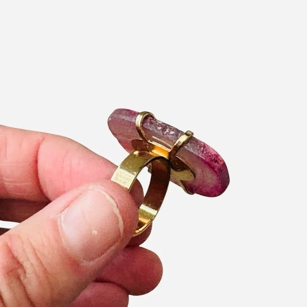 Pink Agate Looking Adjustable Ring Gold Tone Gemstone